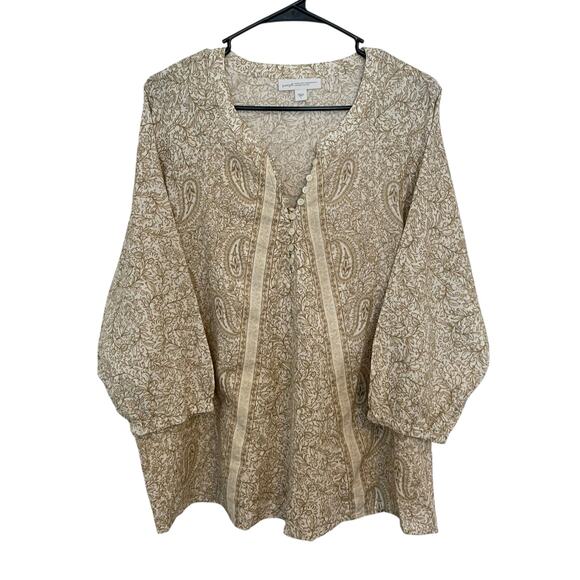 Pure Jill Paisley Organic Cotton 3/4 Sleeve Top Brown Womens Size Large - Picture 2 of 12